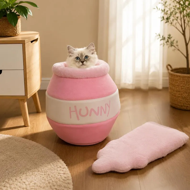 Tarro de Miel rosa con gato asomando